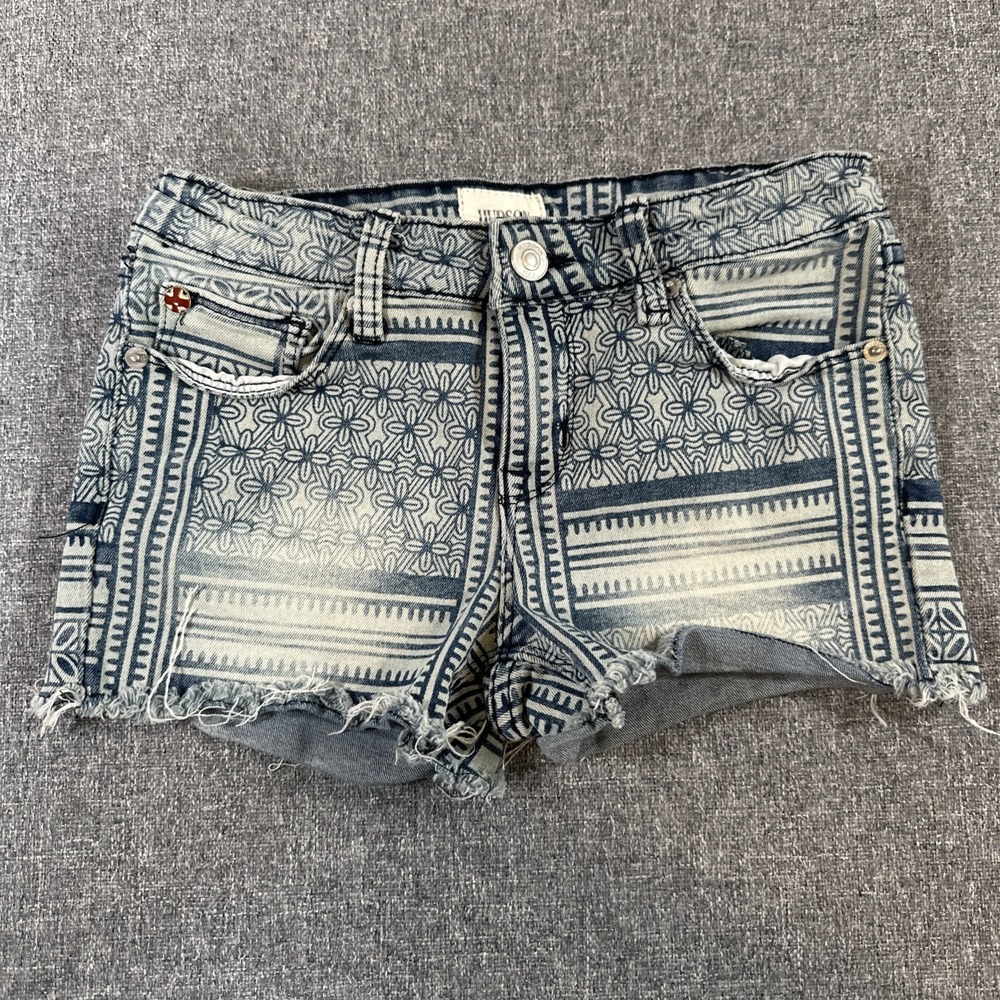 Hudson Girls Denim Cutoff Shorts Size 12 Blue Floral Print Raw Hem Stretch